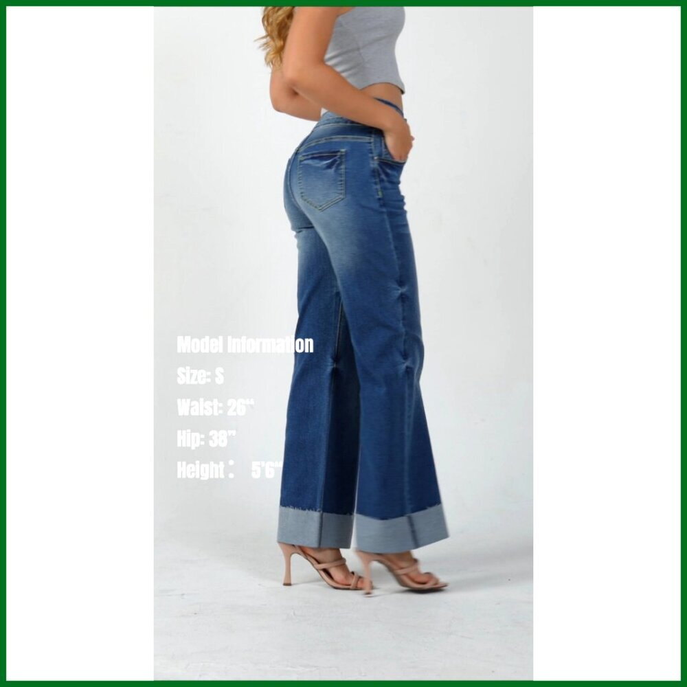 High Waisted Stretchy Wide Leg Jeans Cuffed Baggy Loose Denim Pants - Picture 7 of 7